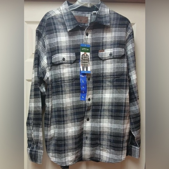 Orvis Flannel Shirt Gray Navy Tan Black Plaid Button Down Large  With Pockets - Picture 9 of 13